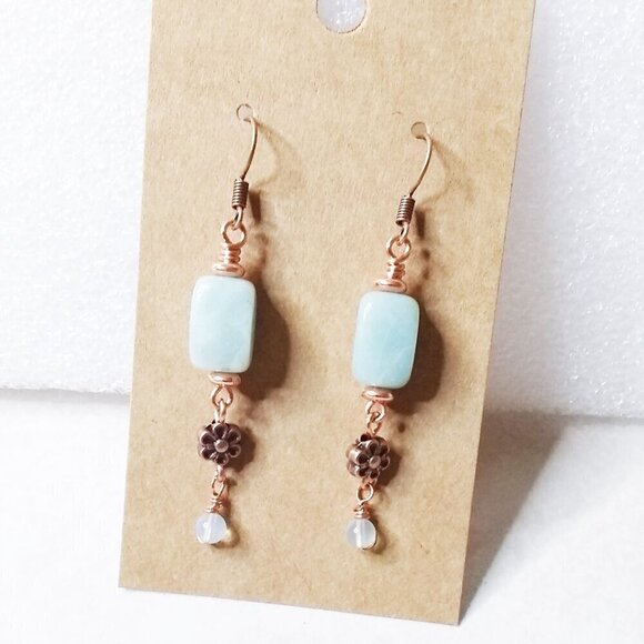 Lightweight Green Aventurine & Copper Blossoms Dangle Earrings! Prosperity +Luck - Picture 3 of 7